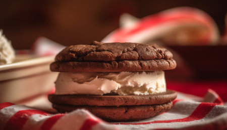 Indulgent homemade dessert plate with sweet cookies and chocolate candy generated by artificial intelligenceの素材