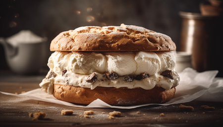 Indulgent homemade dessert rustic chocolate sandwich with whipped cream and fruit generated by artificial intelligenceの素材