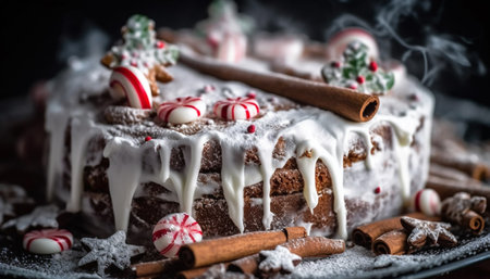 Rustic plate of homemade gingerbread cake with ornate decoration generated by artificial intelligenceの素材