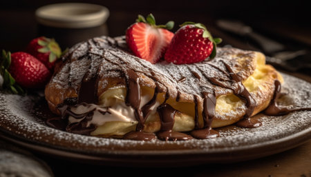 Indulgent homemade pancake stack with berry fruit and chocolate sauce generated by artificial intelligenceの素材