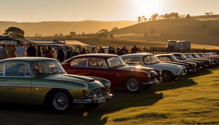 Antique car driving on rural meadow, sunset, headlight shining generated by artificial intelligenceの素材