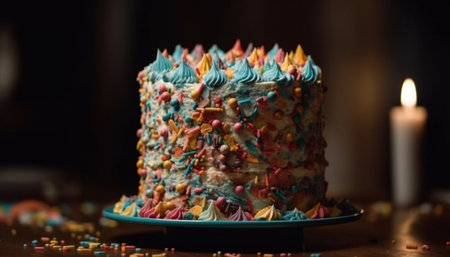 Bright birthday cake with multi colored decorations and burning candles generated by artificial intelligenceの素材