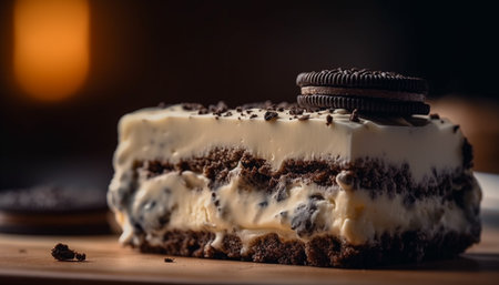 Indulgent gourmet cheesecake slice with dark chocolate and whipped cream generated by artificial intelligenceの素材