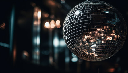 Shiny disco ball turning into vibrant multi colored disco lights generated by artificial intelligenceの素材