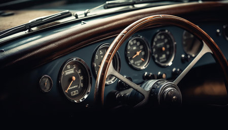 Shiny chrome dashboard of vintage sports car with speedometer gauge generated by artificial intelligenceの素材