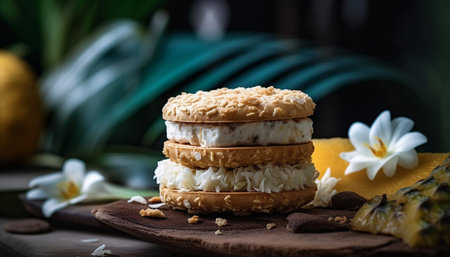 Homemade shortbread cookie stack with chocolate and coconut decoration generated by artificial intelligenceの素材