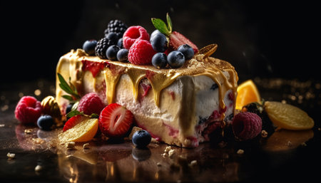 Indulgent gourmet dessert with berry fruit, chocolate, and whipped cream generated by artificial intelligenceの素材