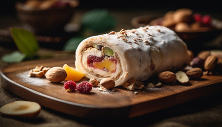 Fresh homemade raspberry strudel on rustic wooden cutting board generated by artificial intelligenceの素材