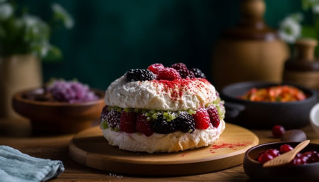 Rustic homemade berry cheesecake with whipped cream and chocolate sauce generated by artificial intelligenceの素材