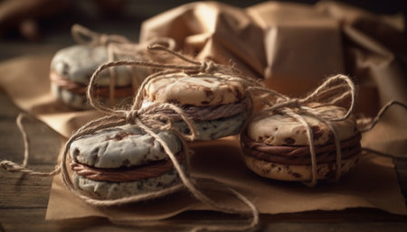 Homemade gourmet chocolate cookies, a sweet indulgence on a rustic table generated by artificial intelligenceの素材