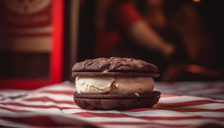 Sweet food indulgence: gourmet dessert, chocolate ice cream, homemade cookie generated by artificial intelligenceの素材