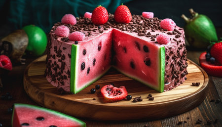 Rustic homemade cheesecake with berry fruit and chocolate indulgence generated by artificial intelligenceの素材