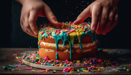 Multi colored birthday cake with indulgent chocolate icing and confetti decoration generated by artificial intelligenceの素材