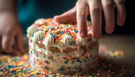 Multi colored birthday cake with chocolate icing and homemade decorations generated by artificial intelligenceの素材