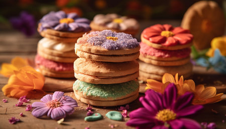 A homemade gourmet dessert plate with fresh baked cookies and macaroons generated by artificial intelligenceの素材