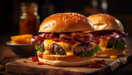 Grilled gourmet cheeseburger with pulled pork, onion, and tomato on bun generated by artificial intelligenceの素材