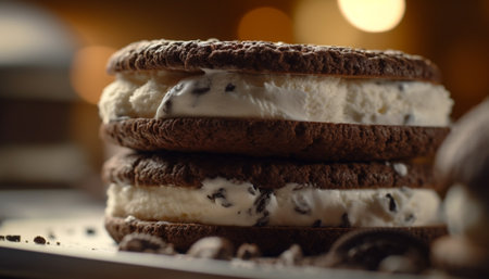 A decadent stack of homemade chocolate cookies with whipped cream generated by artificial intelligenceの素材