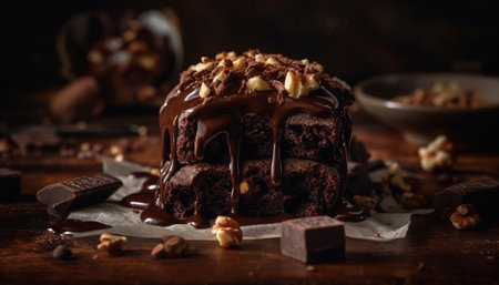 Indulgent homemade dark chocolate brownie with hazelnut fudge sauce generated by artificial intelligenceの素材