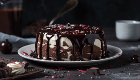 Indulgent chocolate cake slice with fresh berry decoration and homemade icing generated by artificial intelligenceの素材