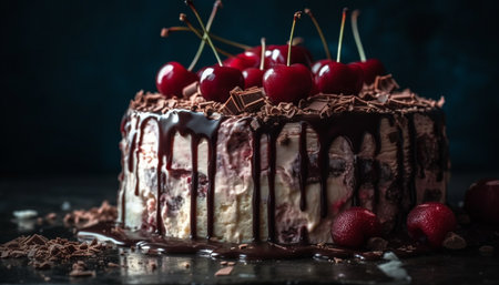 Indulgent homemade chocolate cheesecake with fresh berry decoration on wood plate generated by artificial intelligenceの素材