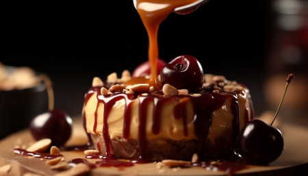 Indulgent chocolate cheesecake with fresh strawberry and whipped cream decoration generated by artificial intelligenceの素材