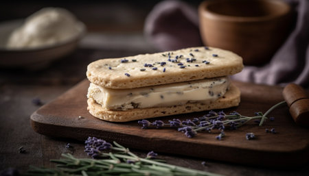 Rustic homemade bread and sweet herb cookies on wooden cutting board generated by artificial intelligenceの素材