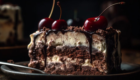 Indulgent chocolate berry cheesecake with fresh raspberry mousse topping generated by artificial intelligenceの素材
