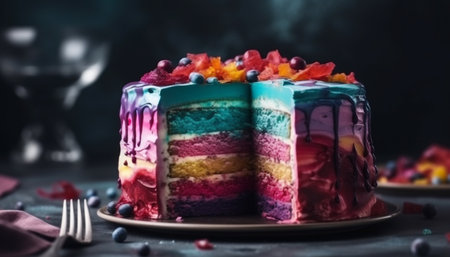 Multi colored berry cheesecake slice, a sweet indulgence for celebration generated by artificial intelligenceの素材