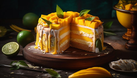 A gourmet cheesecake slice with whipped cream and citrus indulgence generated by artificial intelligenceの素材