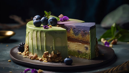A gourmet cheesecake slice with fresh blueberries and raspberry decoration generated by artificial intelligenceの素材