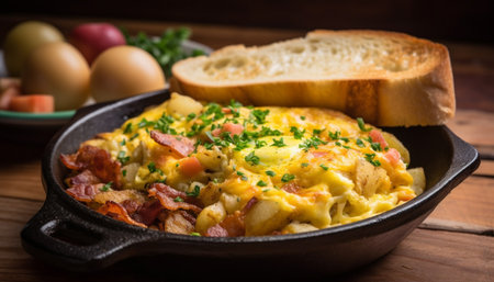 Healthy homemade meal: Scrambled eggs, bacon, and prepared potato casserole generated by artificial intelligenceの素材