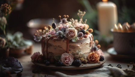 Gourmet chocolate dessert with fresh berries and ornate decoration generated by artificial intelligenceの素材