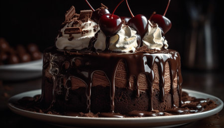 Layered chocolate cake with dark chocolate icing and berry decoration generated by artificial intelligenceの素材
