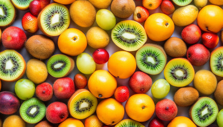 Vibrant collection of juicy, ripe, multi colored fruits on green background generated by artificial intelligenceの素材