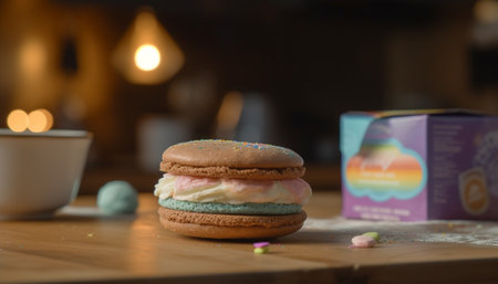 Indulgent homemade macaroon dessert on rustic wood table with coffee generated by artificial intelligenceの素材