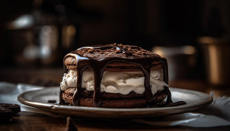 Indulgent homemade chocolate cake with whipped cream and chocolate sauce generated by artificial intelligenceの素材