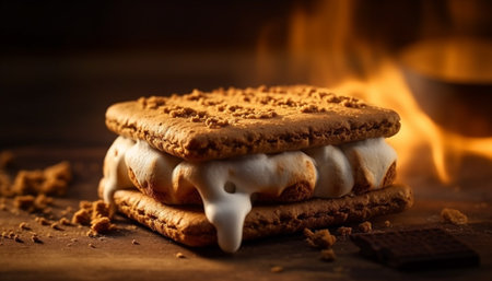 Melting chocolate cookie stack on rustic wood table, indulgent dessert generated by artificial intelligenceの素材