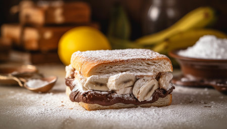 Rustic homemade dessert: Sweet pie with chocolate and fruit decoration generated by artificial intelligenceの素材