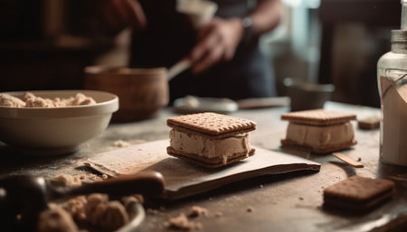 Handmade chocolate cookies prepared in a rustic domestic kitchen generated by artificial intelligenceの素材
