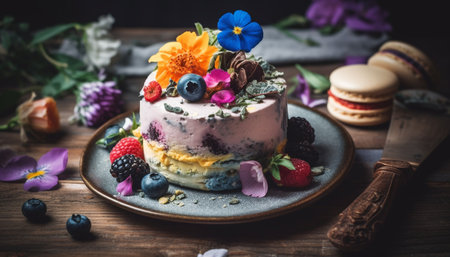 Indulgent homemade gourmet cheesecake with berry fruit and chocolate decoration generated by artificial intelligenceの素材