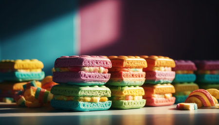 A colorful stack of gourmet sweets: macarons, cookies, and candy generated by artificial intelligenceの素材