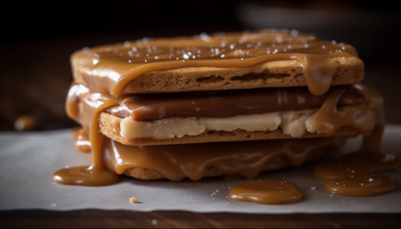 Indulgent homemade hazelnut fudge on rustic wooden table, melting temptation generated by artificial intelligenceの素材