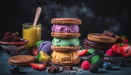 A rustic table with a gourmet variation of sweet desserts generated by artificial intelligenceの素材