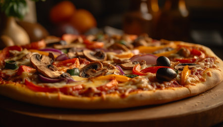 Freshly baked pizza on rustic wooden table with Italian toppings generated by artificial intelligenceの素材