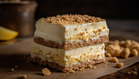 Layered homemade chocolate cake with mascarpone cheese and whipped cream generated by artificial intelligenceの素材