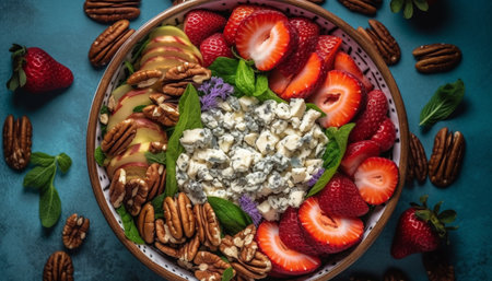 Healthy gourmet meal with fresh organic berries on rustic wood table generated by artificial intelligenceの素材