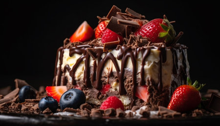 Indulgent gourmet dessert: dark chocolate cheesecake with fresh berry sauce generated by artificial intelligenceの素材