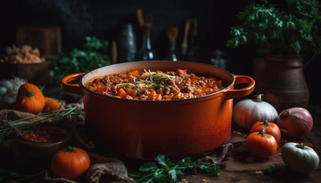 Autumn vegetable stew served in rustic wooden bowl on table generated by artificial intelligenceの素材