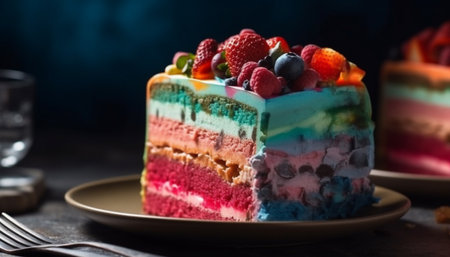 A gourmet cheesecake slice with raspberry and strawberry decoration generated by artificial intelligenceの素材