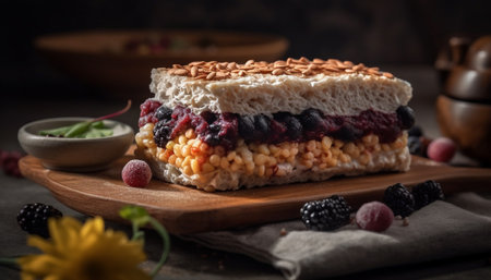 Freshly baked berry dessert with blueberry and raspberry sauce indulgence generated by artificial intelligenceの素材